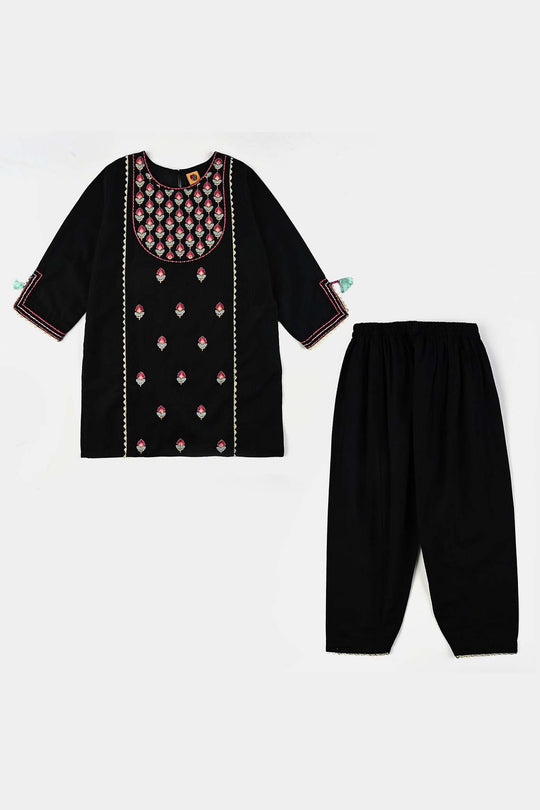 Girls Cotton Emb 2Pcs Gulbahar-BLACK