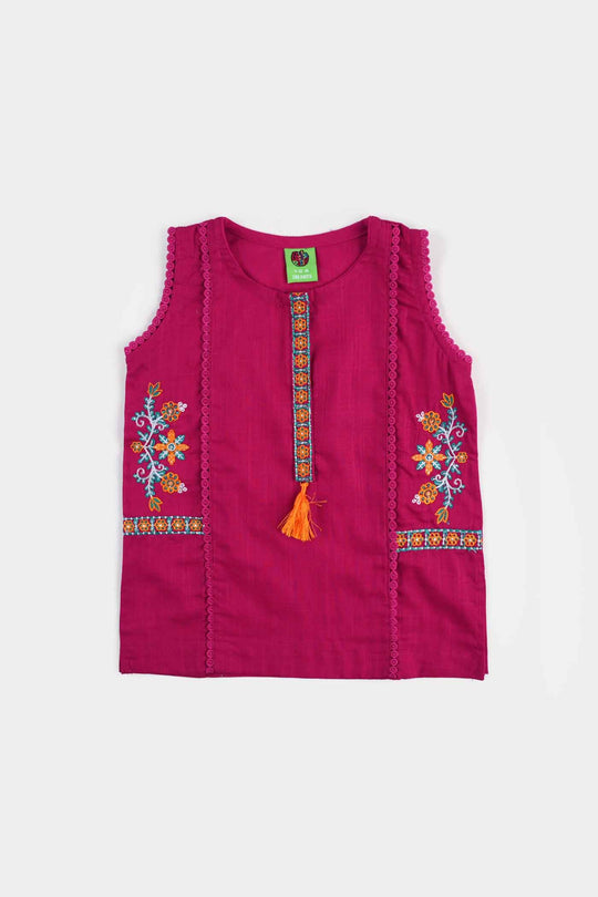 Infant Girls Cotton Slub Emb Kurti-Bright Pink