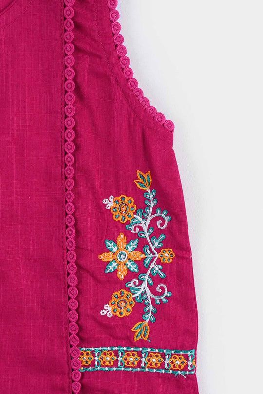 Infant Girls Cotton Slub Emb Kurti-Bright Pink