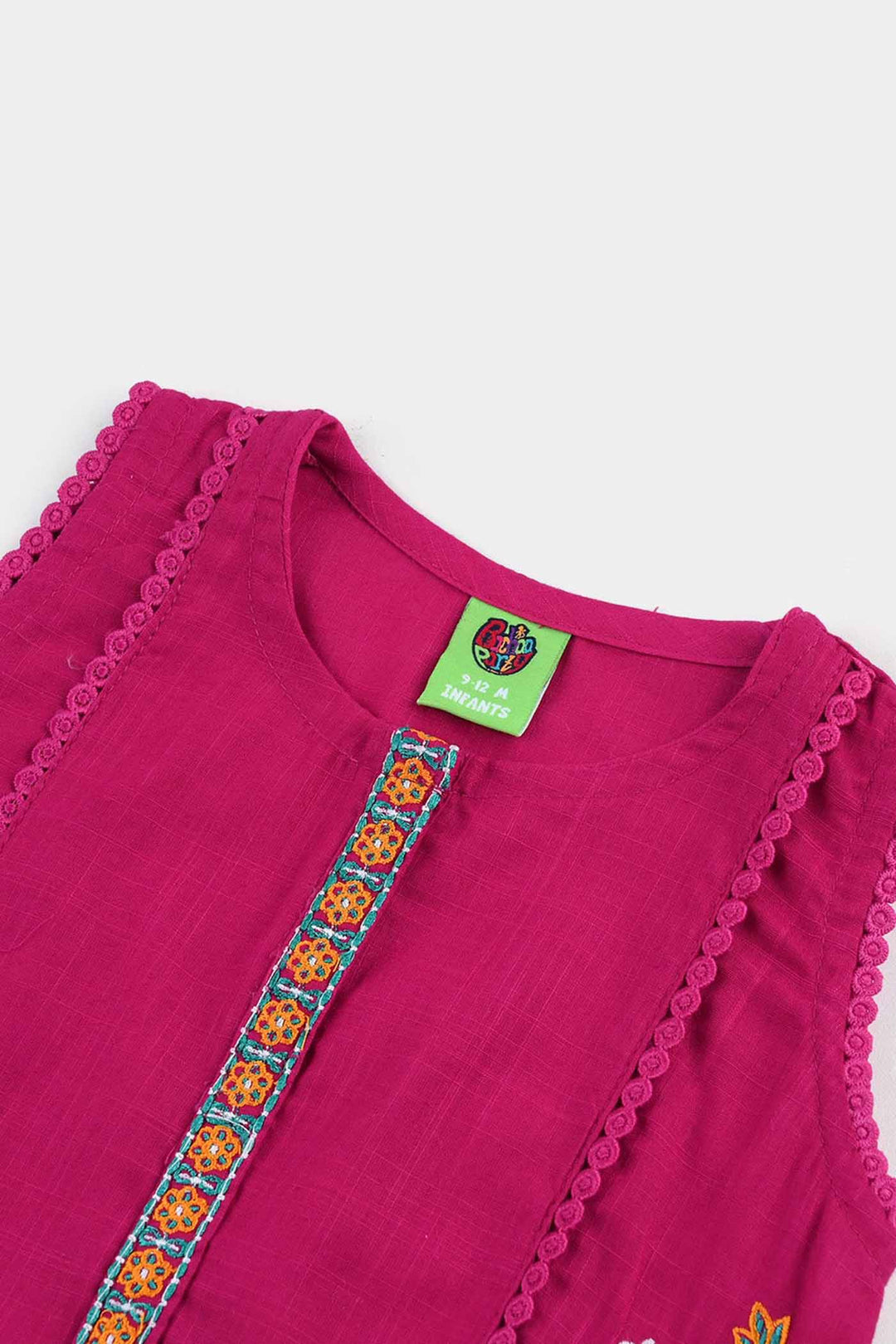 Infant Girls Cotton Slub Emb Kurti-Bright Pink