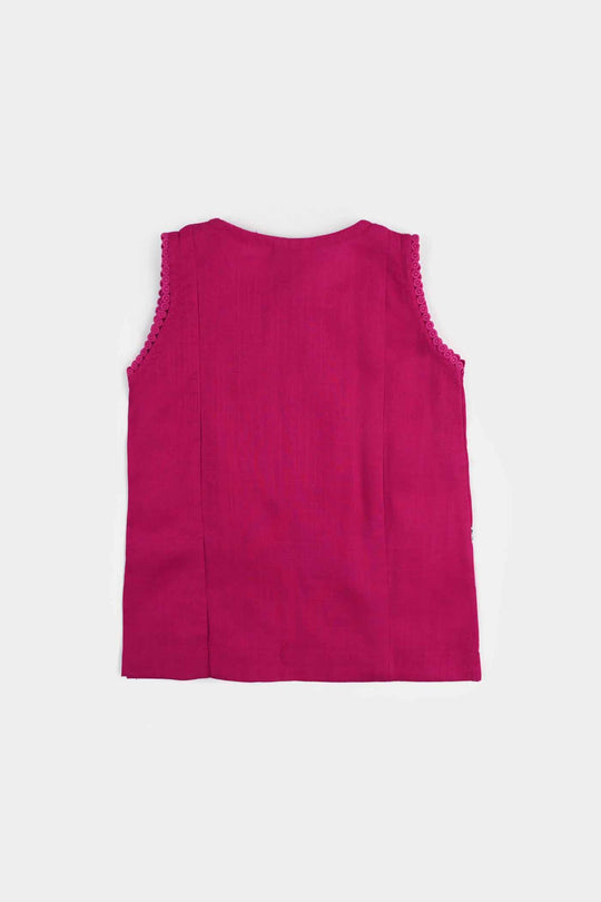 Infant Girls Cotton Slub Emb Kurti-Bright Pink