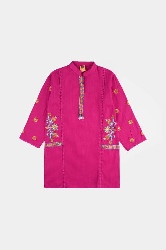 Girls Cotton Slub Emb Kurti-Bright Pink