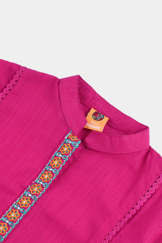 Girls Cotton Slub Emb Kurti-Bright Pink