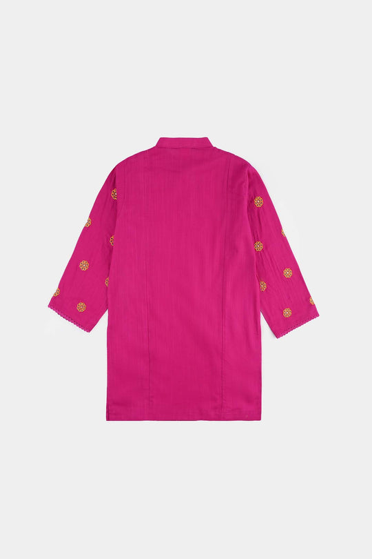 Girls Cotton Slub Emb Kurti-Bright Pink
