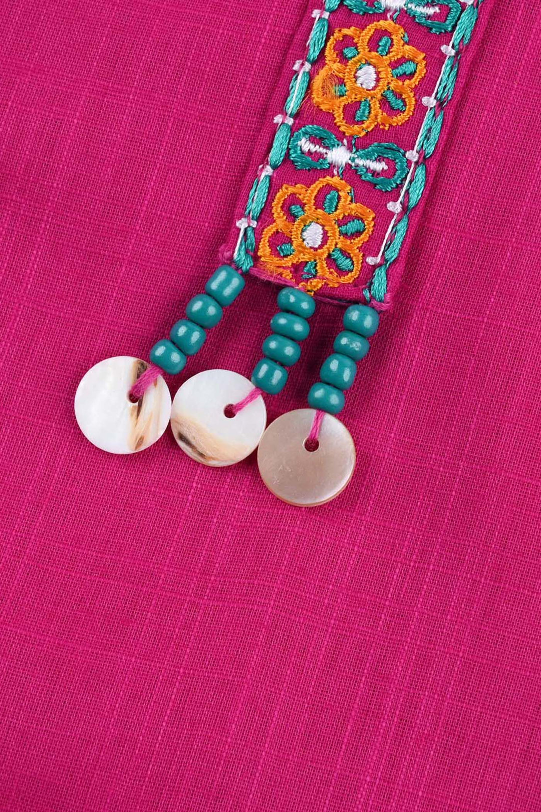 Girls Cotton Slub Emb Kurti-Bright Pink