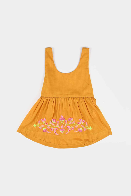 Infant Girls Cotton Slub Emb Kurti Little Popup-Mustard