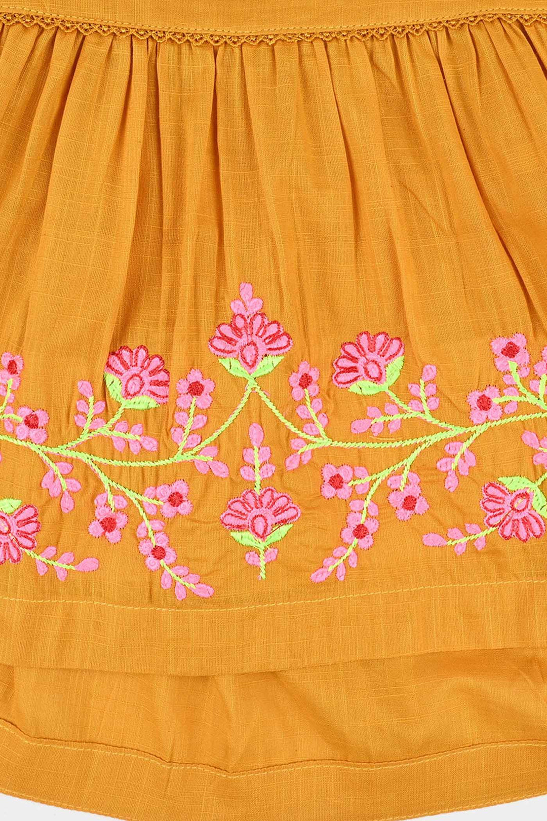 Infant Girls Cotton Slub Emb Kurti Little Popup-Mustard