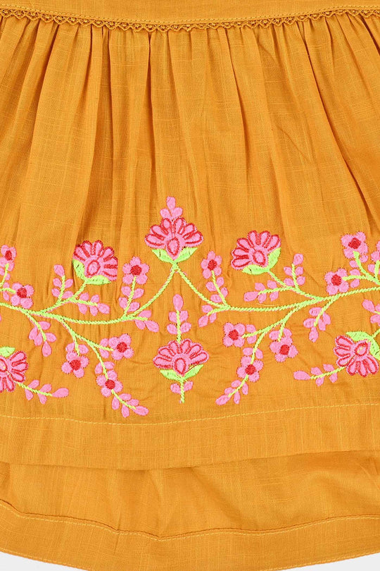 Infant Girls Cotton Slub Emb Kurti Little Popup-Mustard