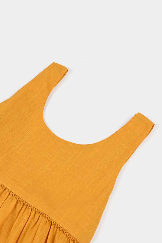 Infant Girls Cotton Slub Emb Kurti Little Popup-Mustard