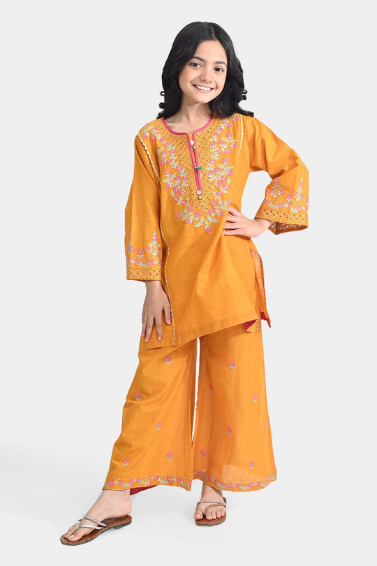 Girls Cotton Slub Emb 2Pcs Sher Bano-Mustard