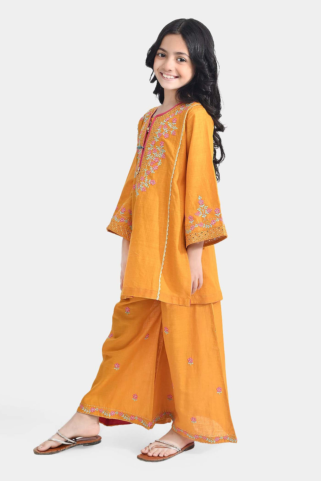 Girls Cotton Slub Emb 2Pcs Sher Bano-Mustard