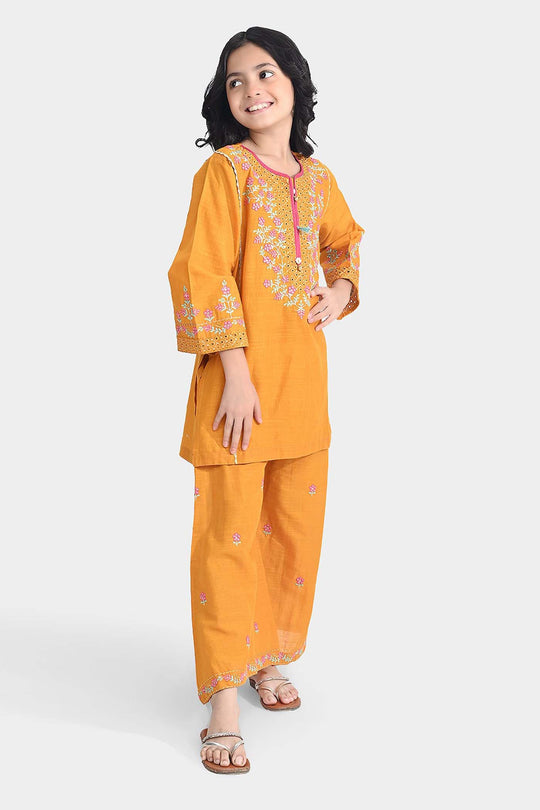 Girls Cotton Slub Emb 2Pcs Sher Bano-Mustard