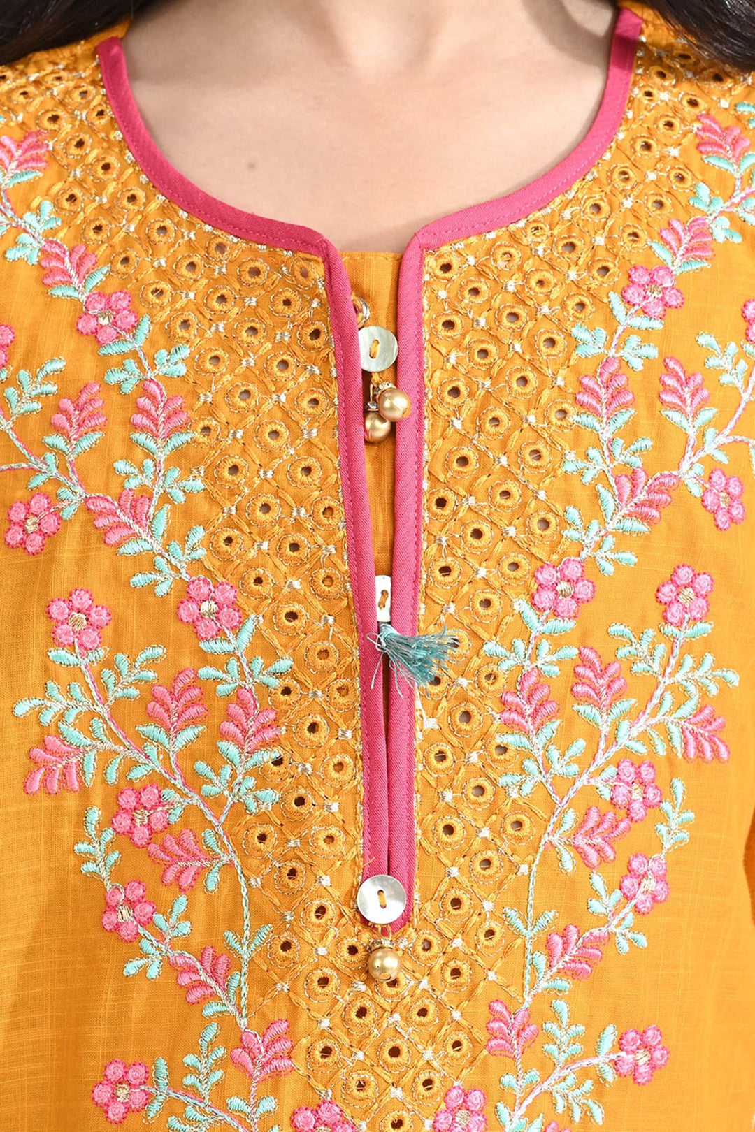 Girls Cotton Slub Emb 2Pcs Sher Bano-Mustard