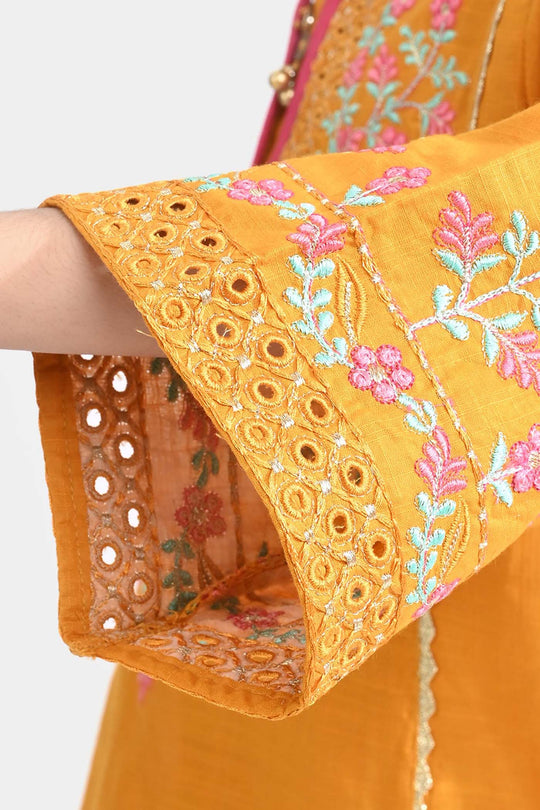 Girls Cotton Slub Emb 2Pcs Sher Bano-Mustard