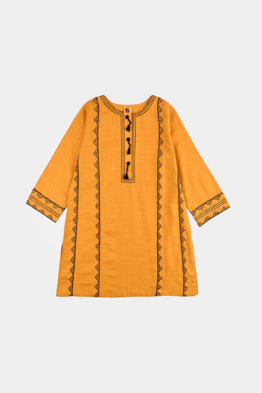 Girls Cotton Slub Emb Kurti-Mustard