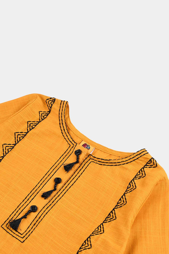 Girls Cotton Slub Emb Kurti-Mustard