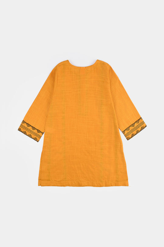 Girls Cotton Slub Emb Kurti-Mustard