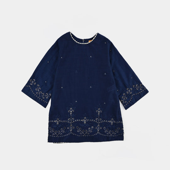 Girls Cotton Slub Emb Kurti-Navy Blue