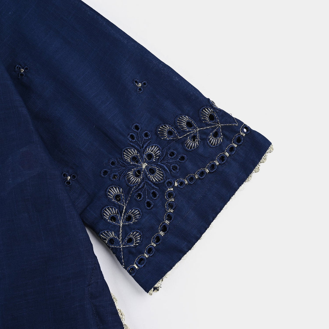 Girls Cotton Slub Emb Kurti-Navy Blue