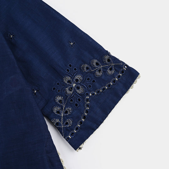 Girls Cotton Slub Emb Kurti-Navy Blue