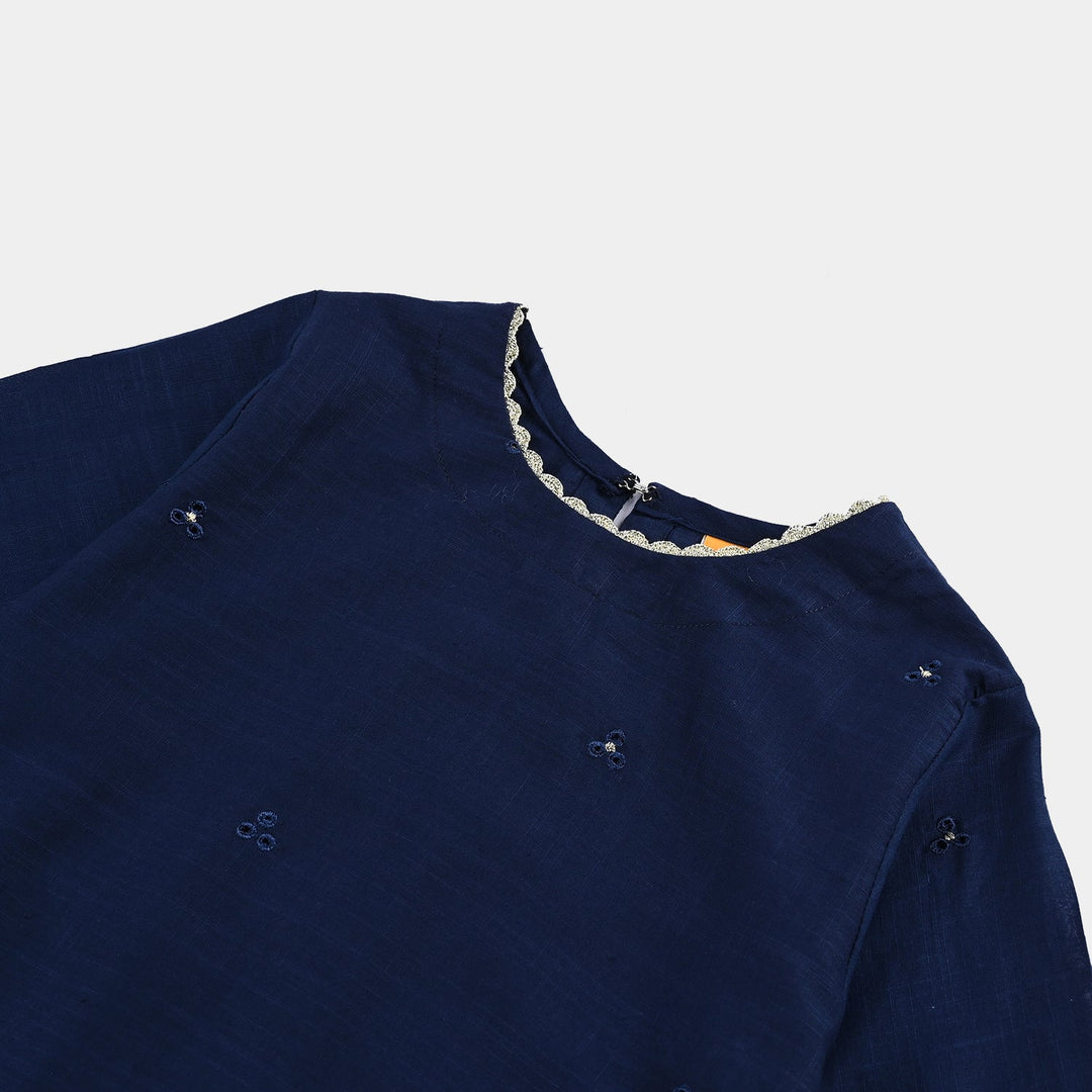 Girls Cotton Slub Emb Kurti-Navy Blue