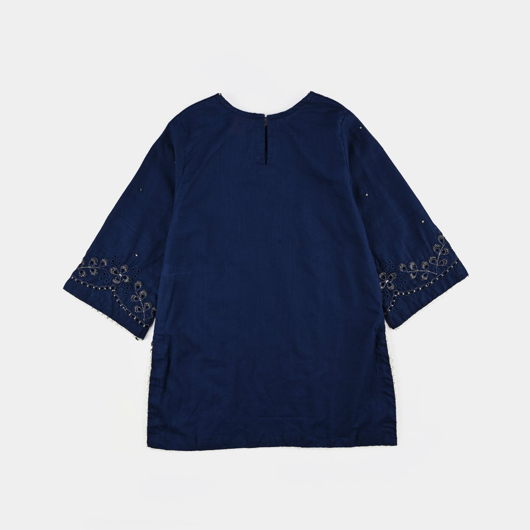 Girls Cotton Slub Emb Kurti-Navy Blue
