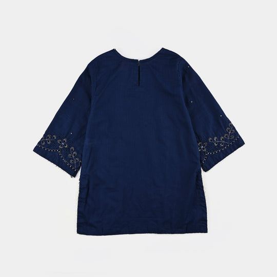 Girls Cotton Slub Emb Kurti-Navy Blue