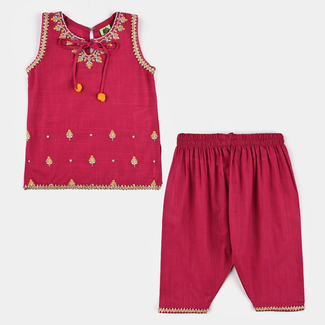 Infant Girls Cotton Slub Emb 2Pcs Magenta-Bright Pink