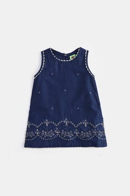 Infant Girls Cotton Slub Emb Kurti-Navy Blue