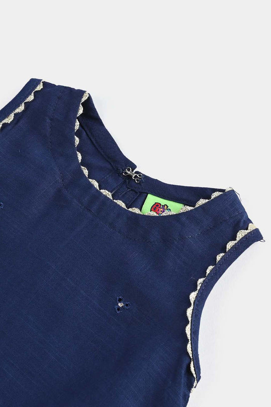 Infant Girls Cotton Slub Emb Kurti-Navy Blue