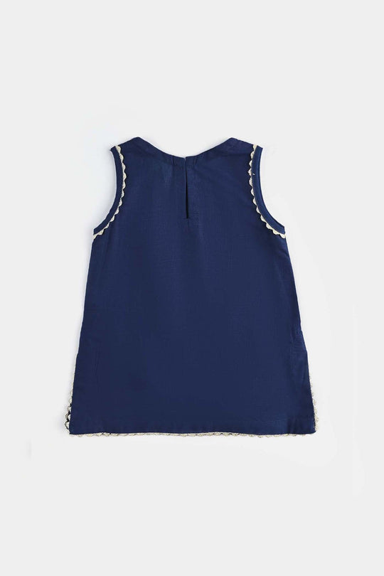 Infant Girls Cotton Slub Emb Kurti-Navy Blue