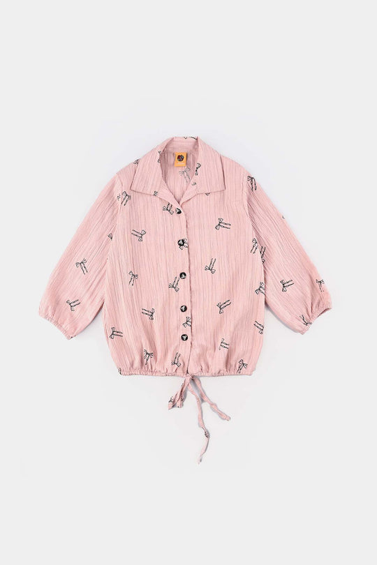 Girls Poly Cotton Emb Top Bow-Pink