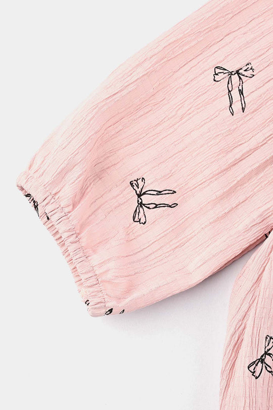 Girls Poly Cotton Emb Top Bow-Pink