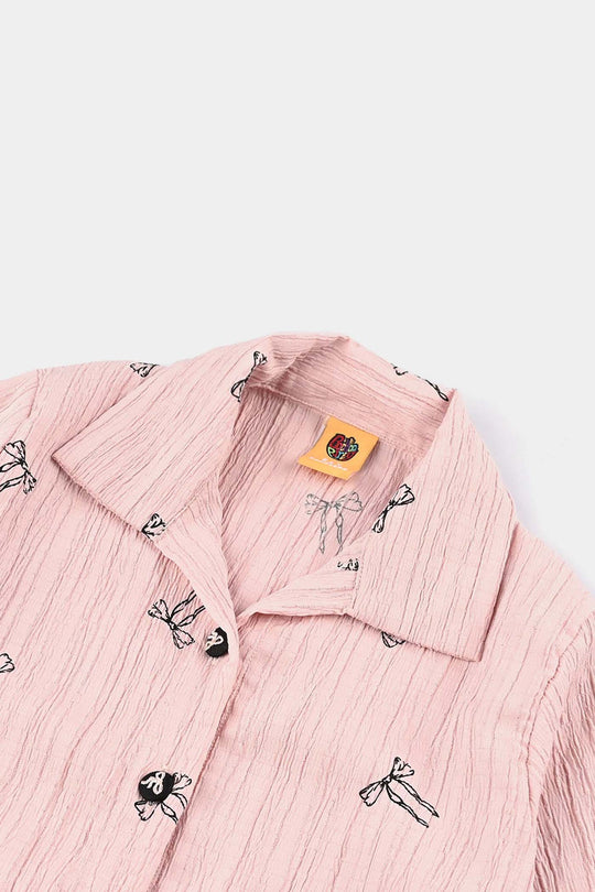Girls Poly Cotton Emb Top Bow-Pink