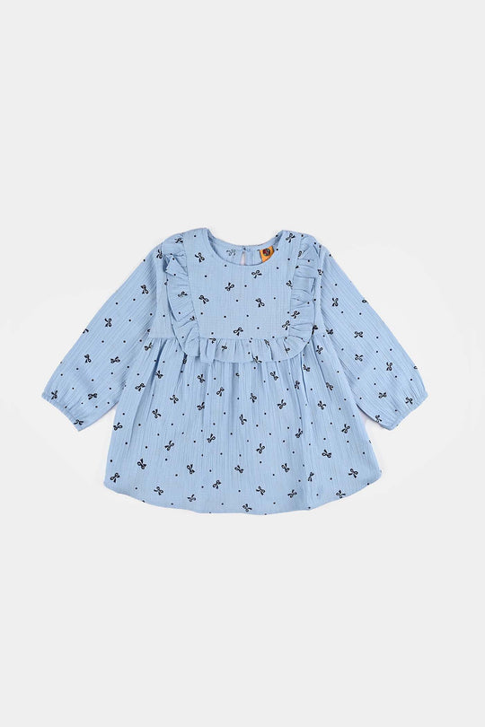Girls Poly Cotton Casual Top Blue Bow