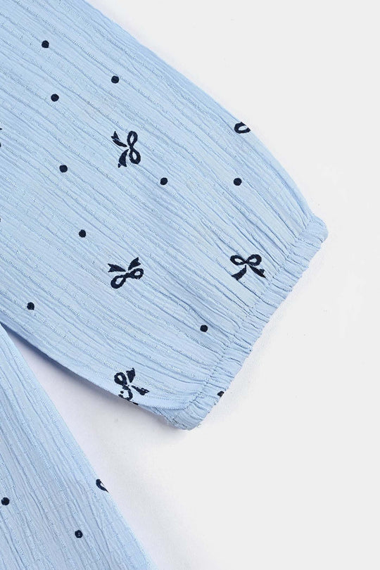 Girls Poly Cotton Casual Top Blue Bow