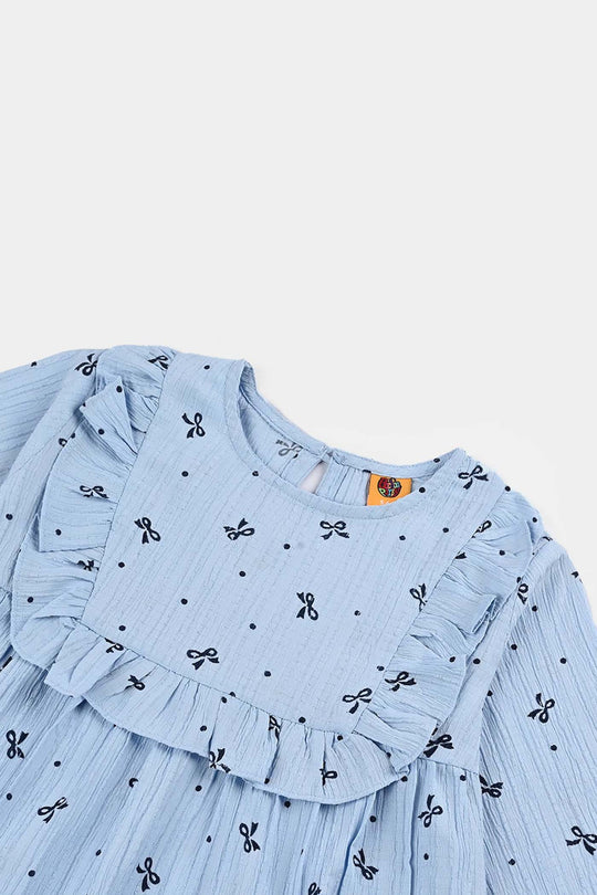Girls Poly Cotton Casual Top Blue Bow