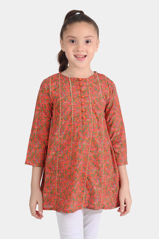 Girls Cotton Poplin Printed Kurti Paisley-ORANGE