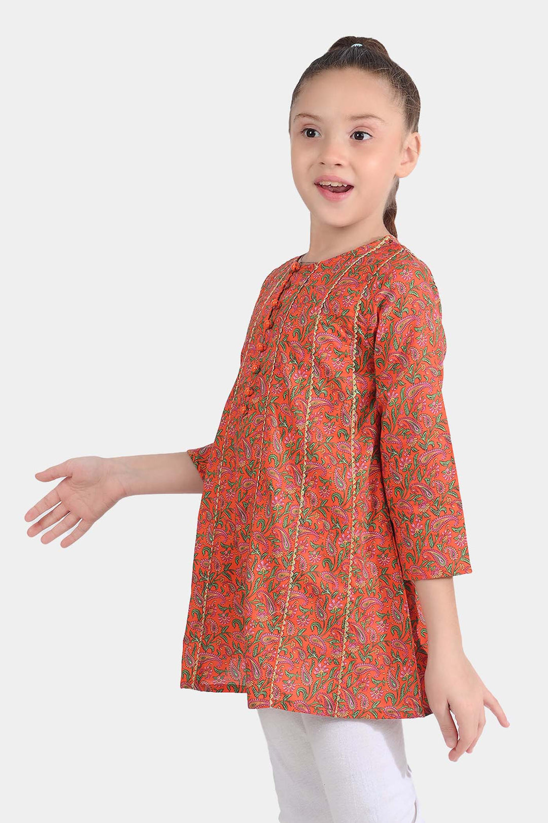 Girls Cotton Poplin Printed Kurti Paisley-ORANGE