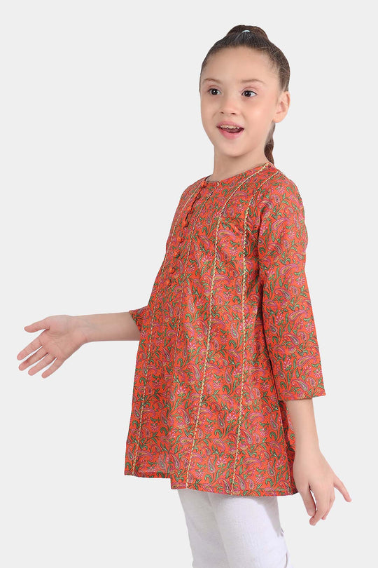 Girls Cotton Poplin Printed Kurti Paisley-ORANGE
