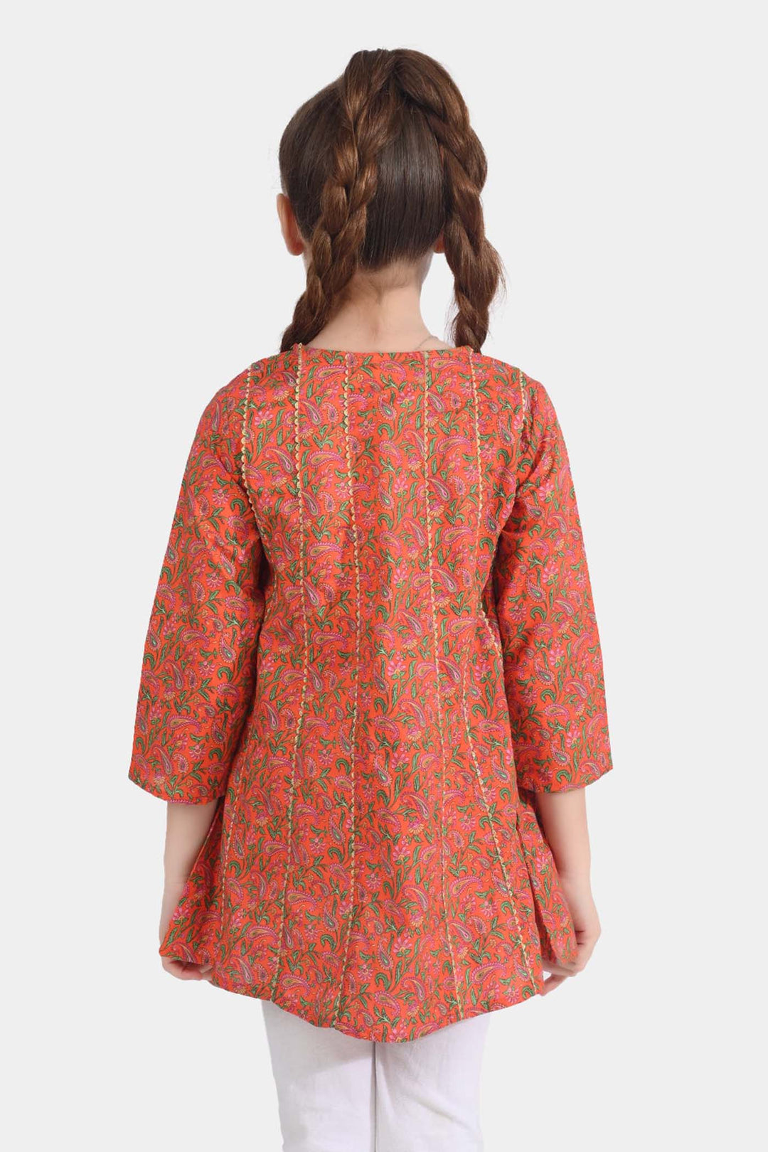Girls Cotton Poplin Printed Kurti Paisley-ORANGE