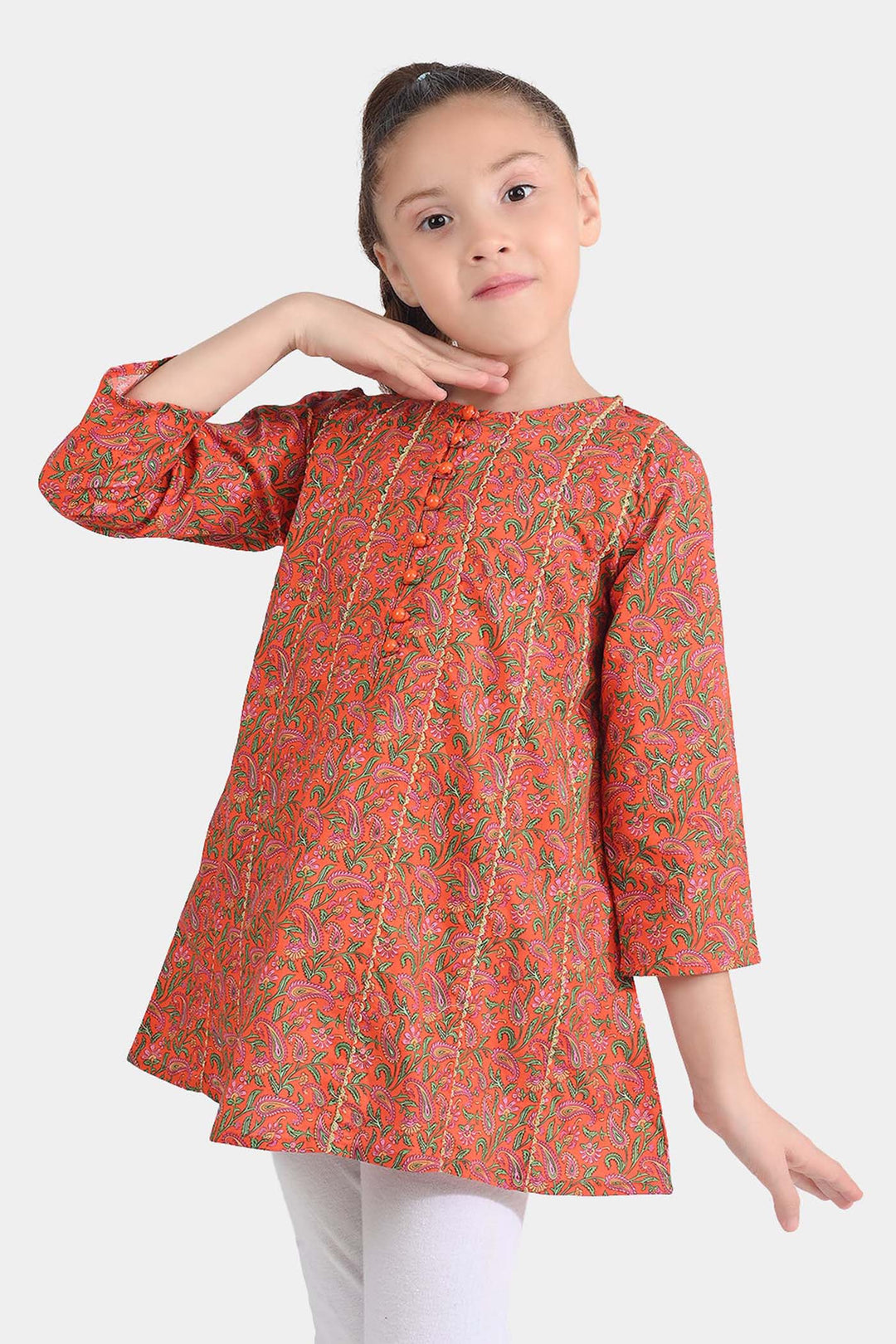 Girls Cotton Poplin Printed Kurti Paisley-ORANGE