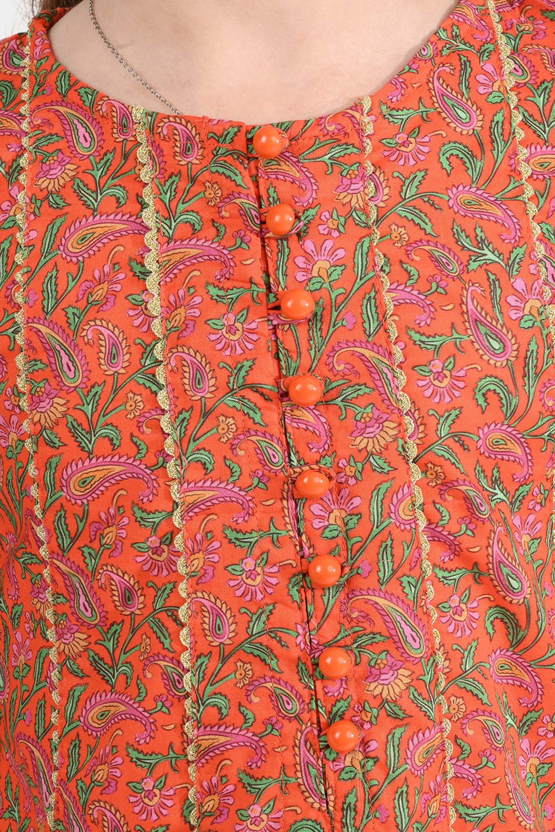 Girls Cotton Poplin Printed Kurti Paisley-ORANGE