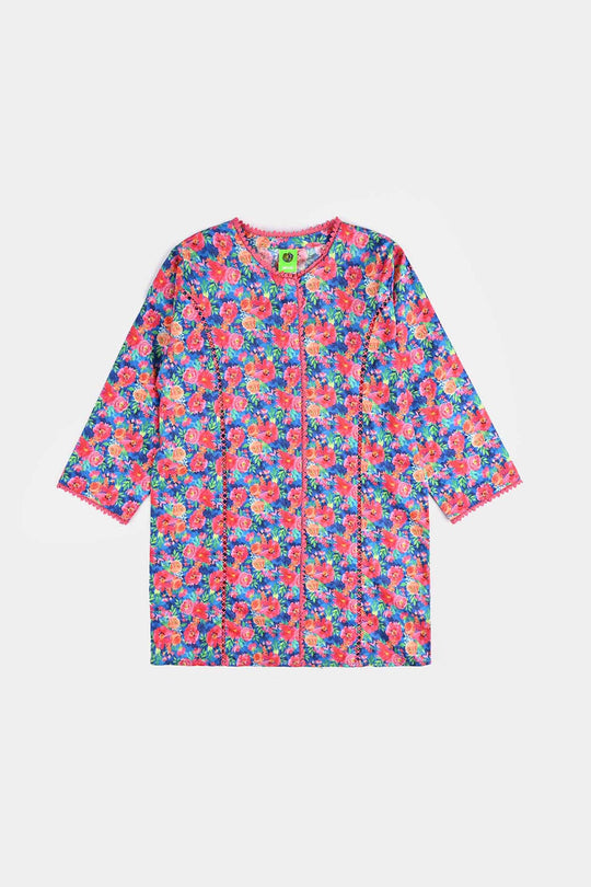 Infant Girls Cotton Poplin Printed Kurti Floral-Multi