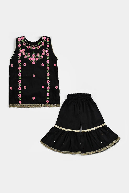 Infant Girls Raw Silk Fancy 2Pcs Little Beauty-BLACK