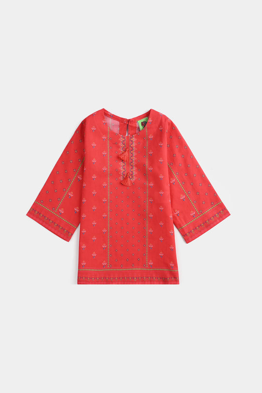 Infant Girls Cotton Poplin Printed Kurti Rose-RED