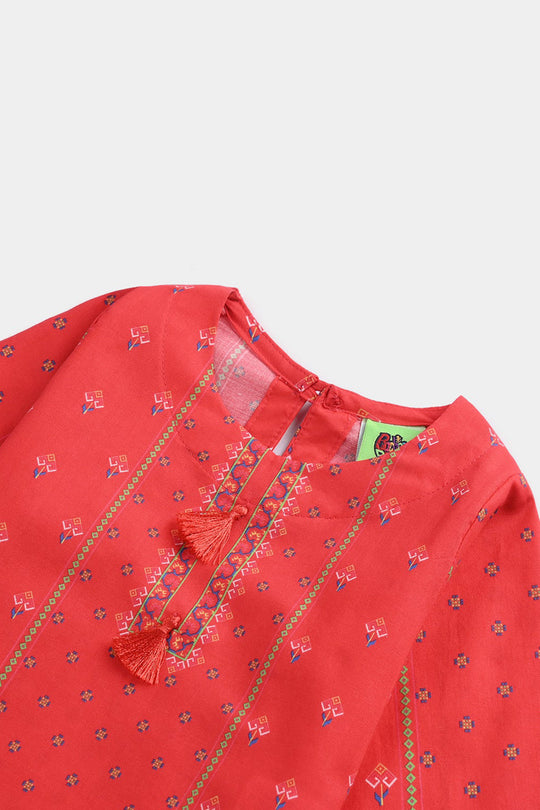 Infant Girls Cotton Poplin Printed Kurti Rose-RED