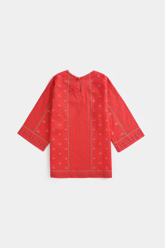 Infant Girls Cotton Poplin Printed Kurti Rose-RED