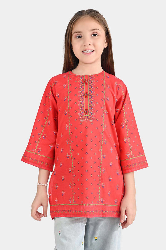 Girls Cotton Poplin Printed Kurti Rose-RED