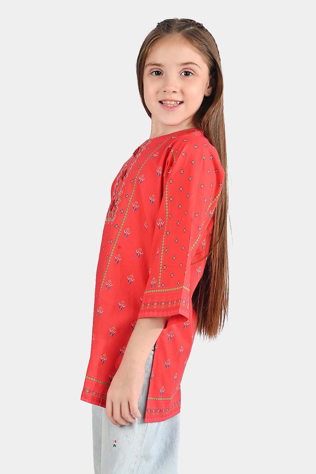 Girls Cotton Poplin Printed Kurti Rose-RED
